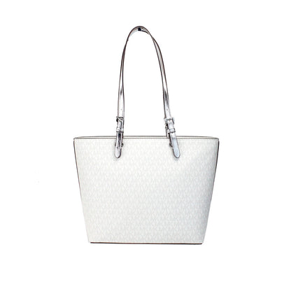 Michael Kors Jet Set Medium Optic White Signature PVC Double Pocket Tote Bag