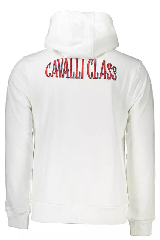 Cavalli Class Elegant White Hooded Sweatshirt with Embroidery Detail