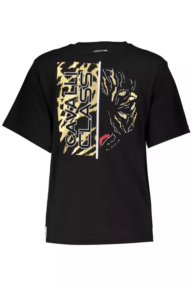 Cavalli Class Sleek Black Cotton Tee with Exclusive Print