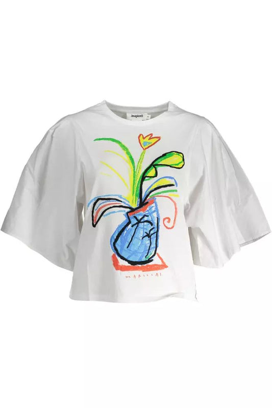 Desigual Chic White Embroidered Logo Tee with Wide Sleeves