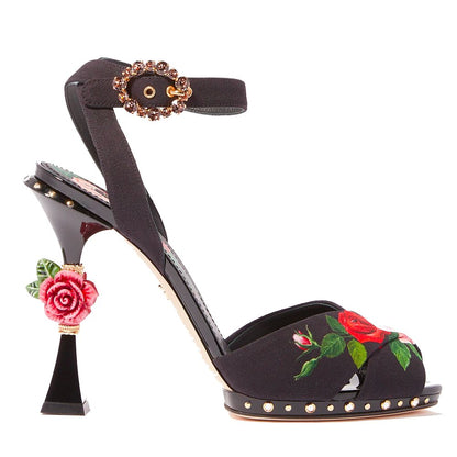 Dolce & Gabbana Elegant Black Calfskin Floral Sandals