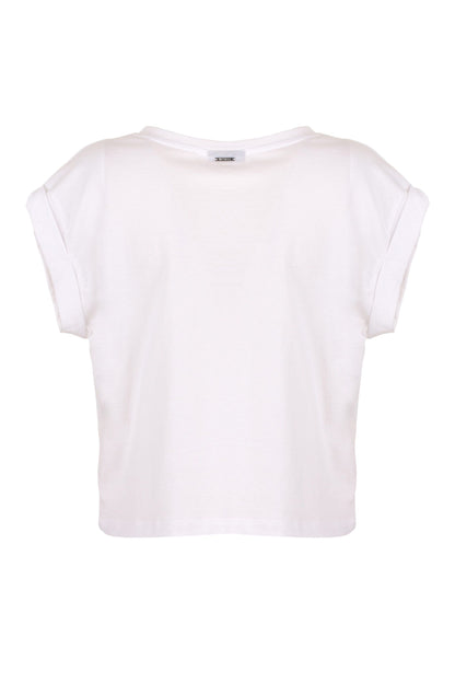 Imperfect Chic White Cotton Tee with Brass Accents