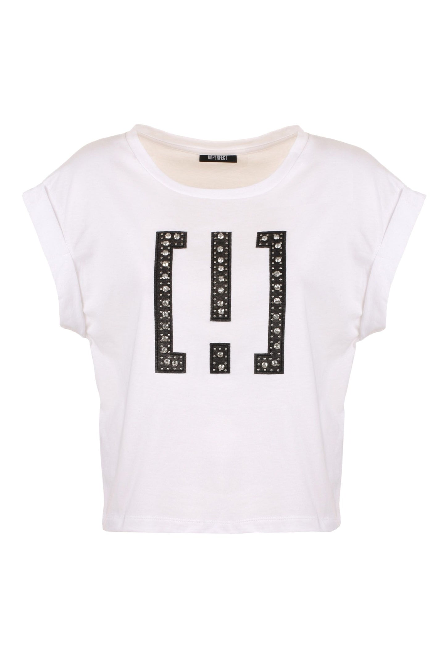 Imperfect Chic White Cotton Tee with Brass Accents