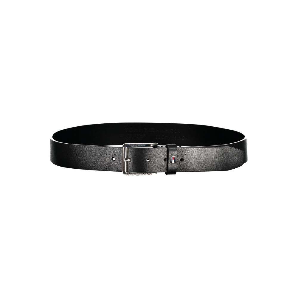 Tommy Hilfiger Elegant Black Leather Belt with Metal Buckle