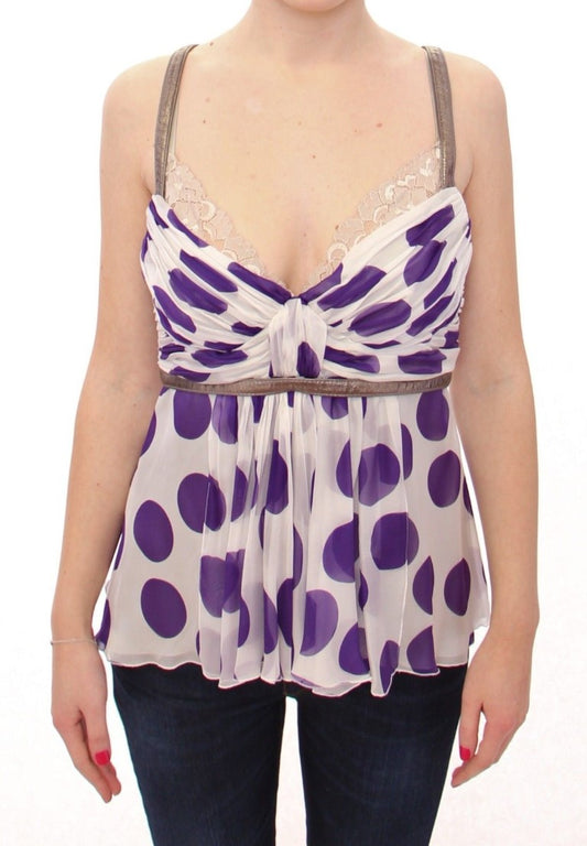 Dolce & Gabbana Elegant Polka Dotted Silk Blouse with Leather Detailing