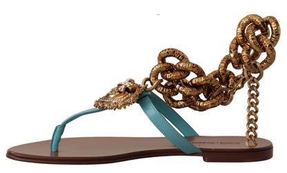 Dolce & Gabbana Blue Leather Devotion Flats Sandals