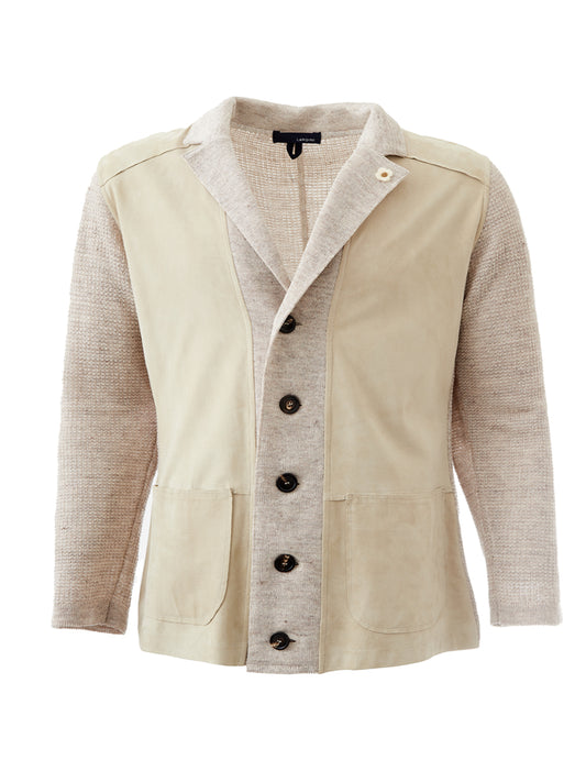 Lardini Elegant Beige Linen Cardigan Blazer with Suede Detail