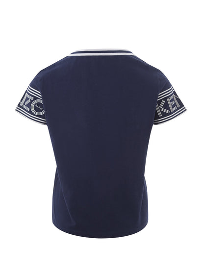 Kenzo Chic Blue Cotton Tee with Contrast Logo Sleeves