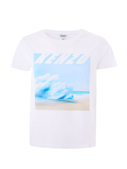 Kenzo Elegant White Wave Print Cotton T-Shirt