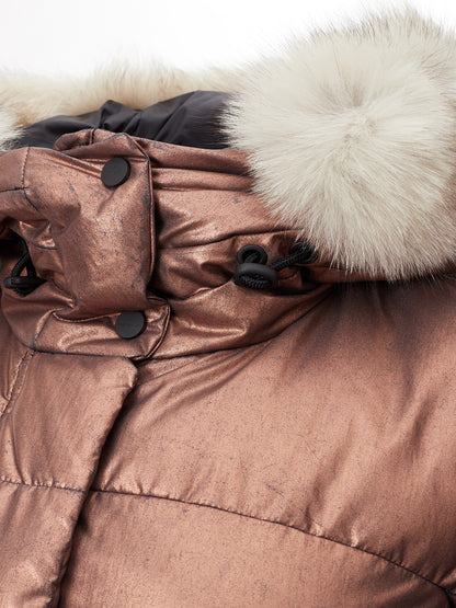 Peuterey Elegant Bronze Quilted Jacket with Fox Fur Collar