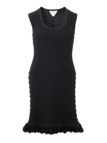 Bottega Veneta Elegant Black Knitted Pencil Dress with Fringes