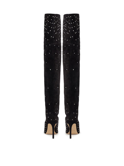 Paris Texas Crystal-Embellished Suede Thigh-High Boots