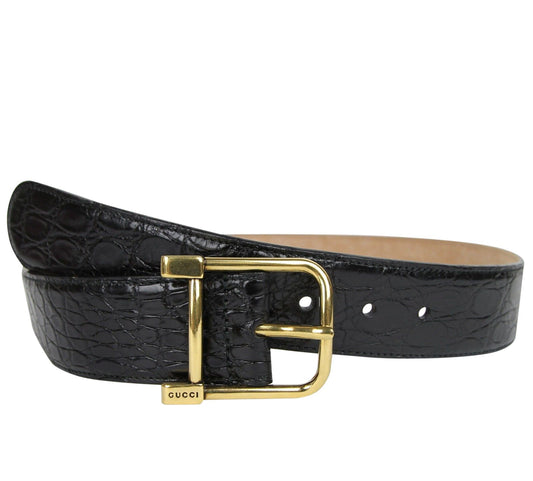 Gucci Gucci Women's Gold Square Buckle Black Crocodile Belt