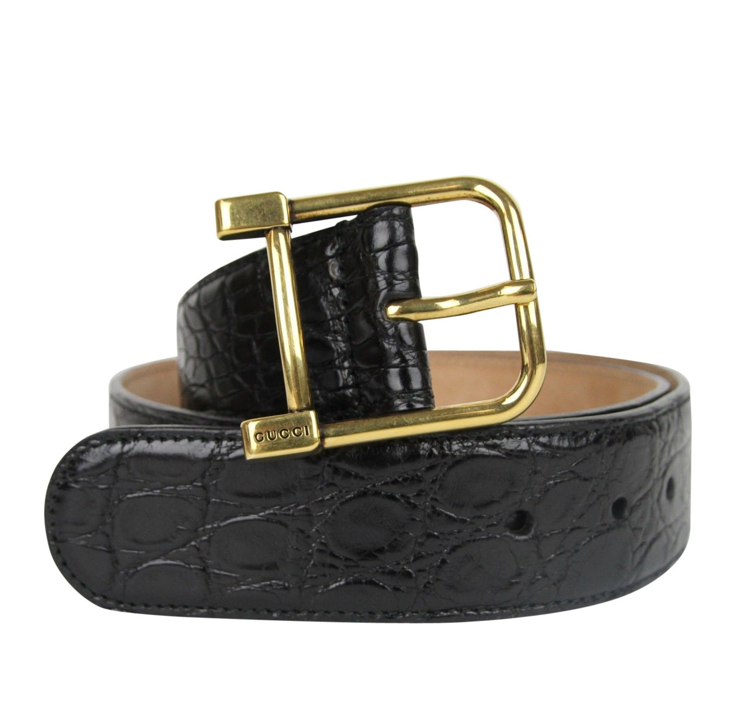 Gucci Gucci Women's Gold Square Buckle Black Crocodile Belt