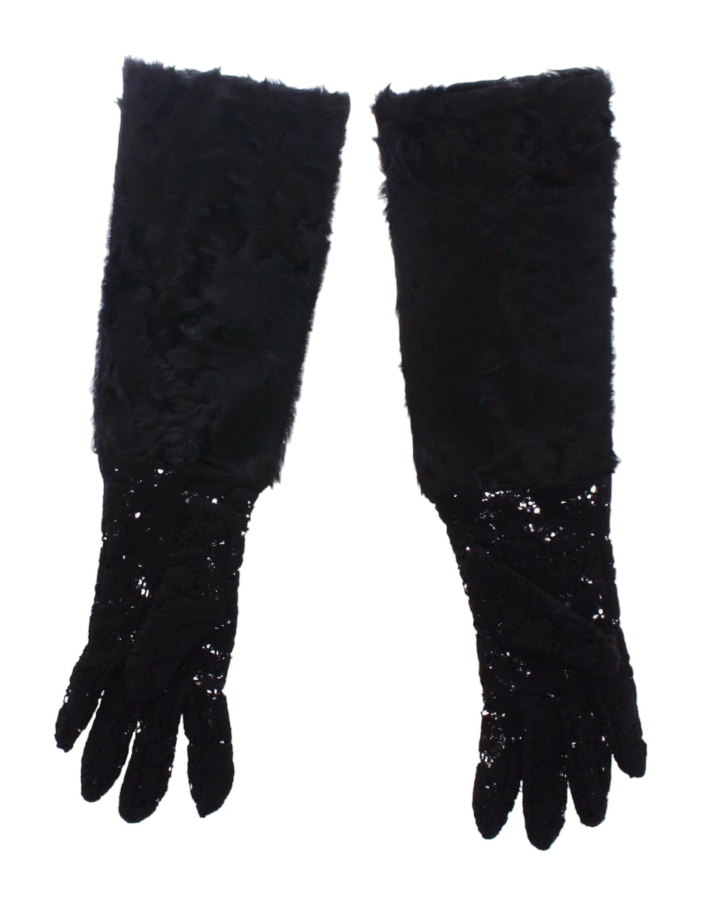 Dolce & Gabbana Black Lace Wool Lambskin Fur Elbow Gloves