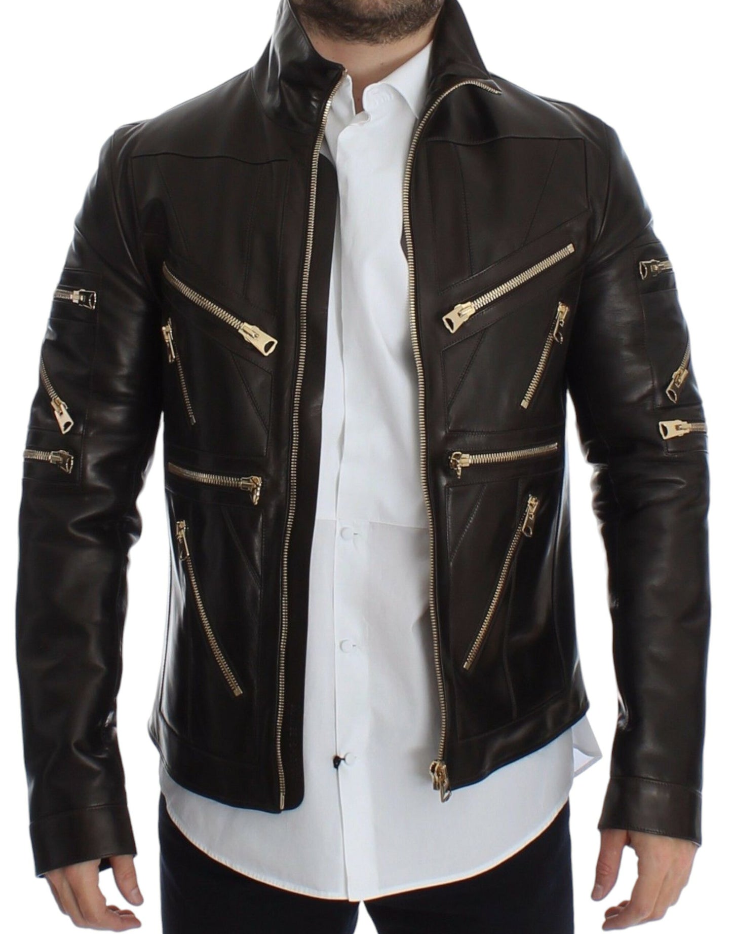 Dolce & Gabbana Brown Lambskin Leather Zipper Jacket