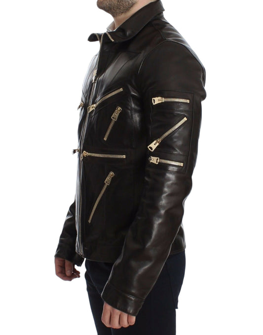 Dolce & Gabbana Brown Lambskin Leather Zipper Jacket