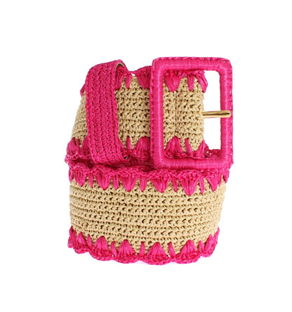 Dolce & Gabbana Pink Raffia Woven Wide Belt