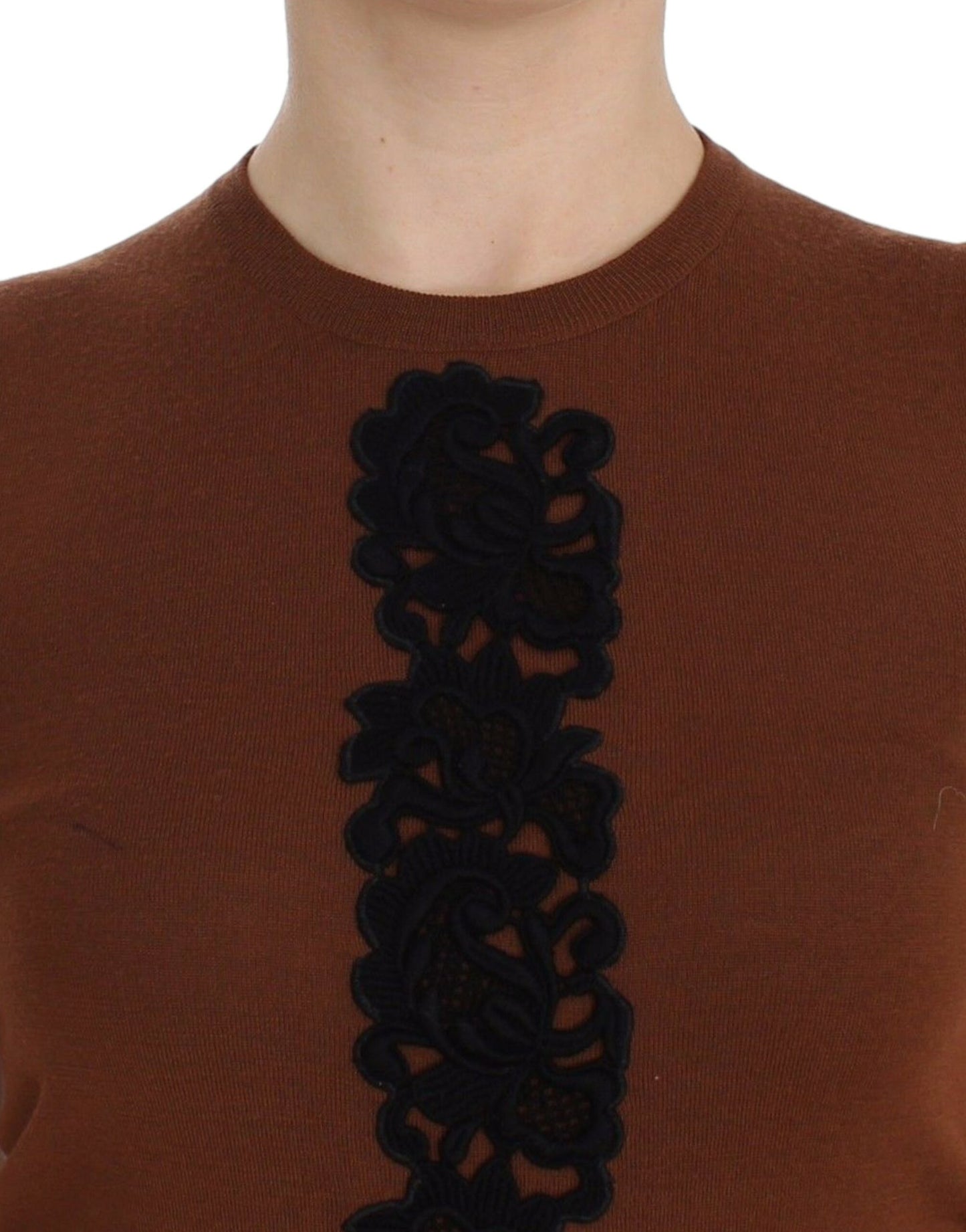 Dolce & Gabbana Brown Wool Black Lace Vest Sweater Top