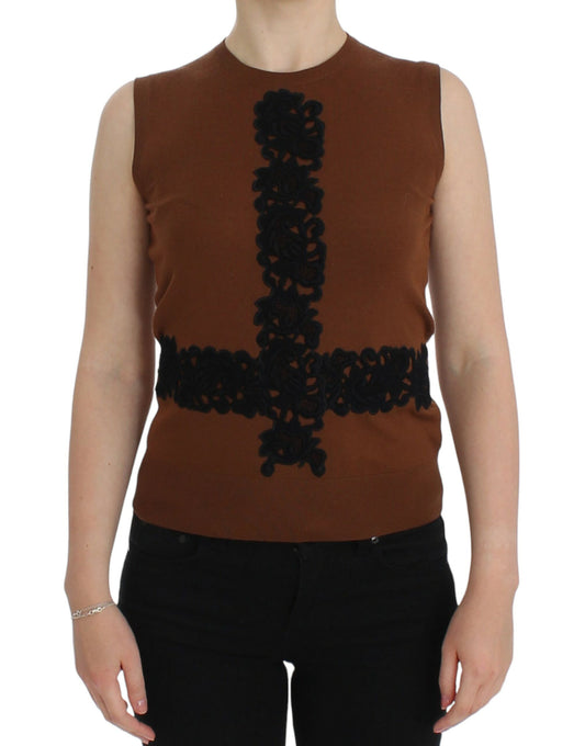 Dolce & Gabbana Brown Wool Black Lace Vest Sweater Top