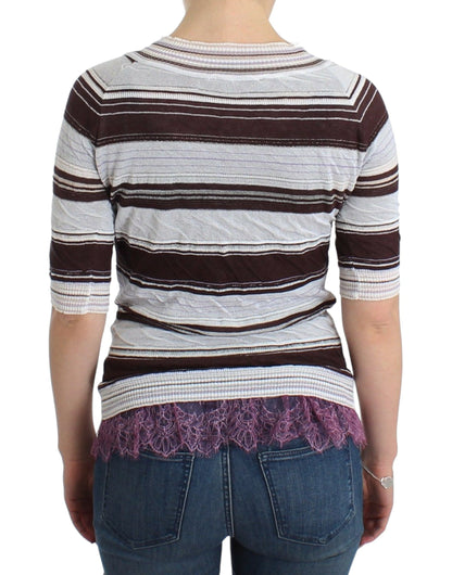 Ermanno Scervino Striped Lace V-Neck Short Sleeve Top Sweater