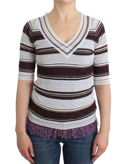 Ermanno Scervino Striped Lace V-Neck Short Sleeve Top Sweater