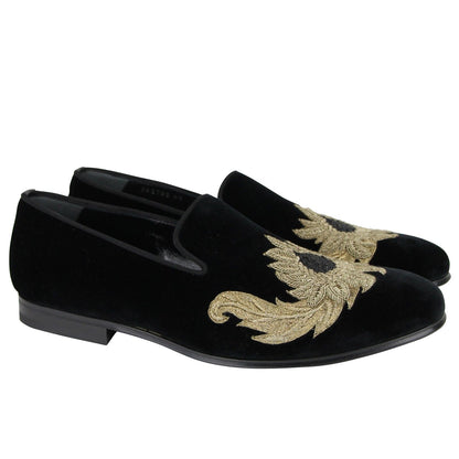 Alexander McQueen Alexander McQueen Men's Gold Embroidered Detail Black Velvet Slip On Shoes