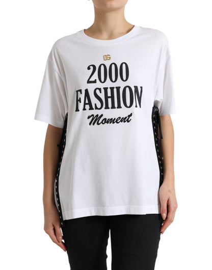 Dolce & Gabbana White Slogan Print Lacing Detailed T-shirt