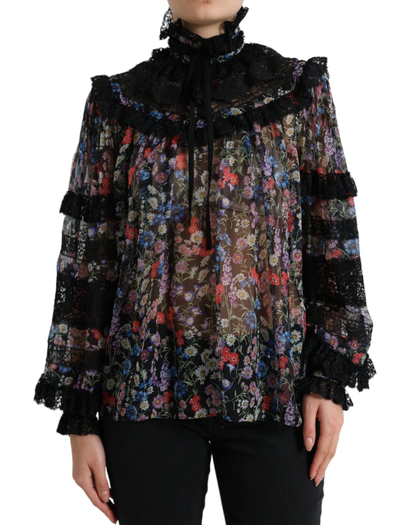 Dolce & Gabbana Black Floral Print Long Sleeves Blouse Top