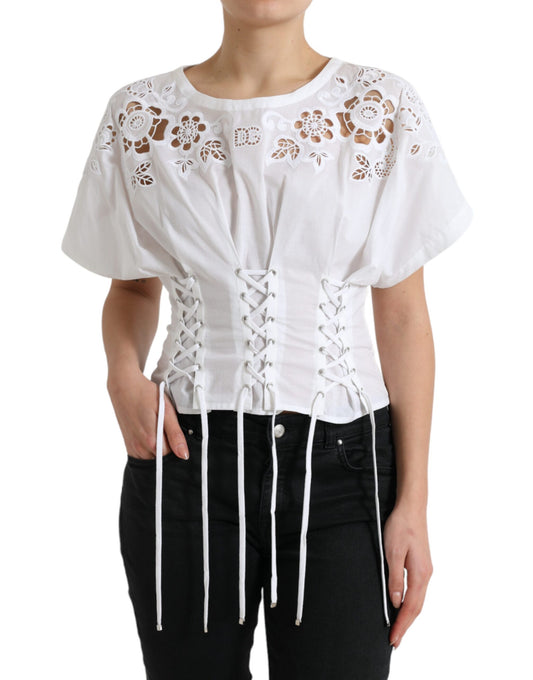 Dolce & Gabbana White Cotton Floral Cut Out Blouse Top