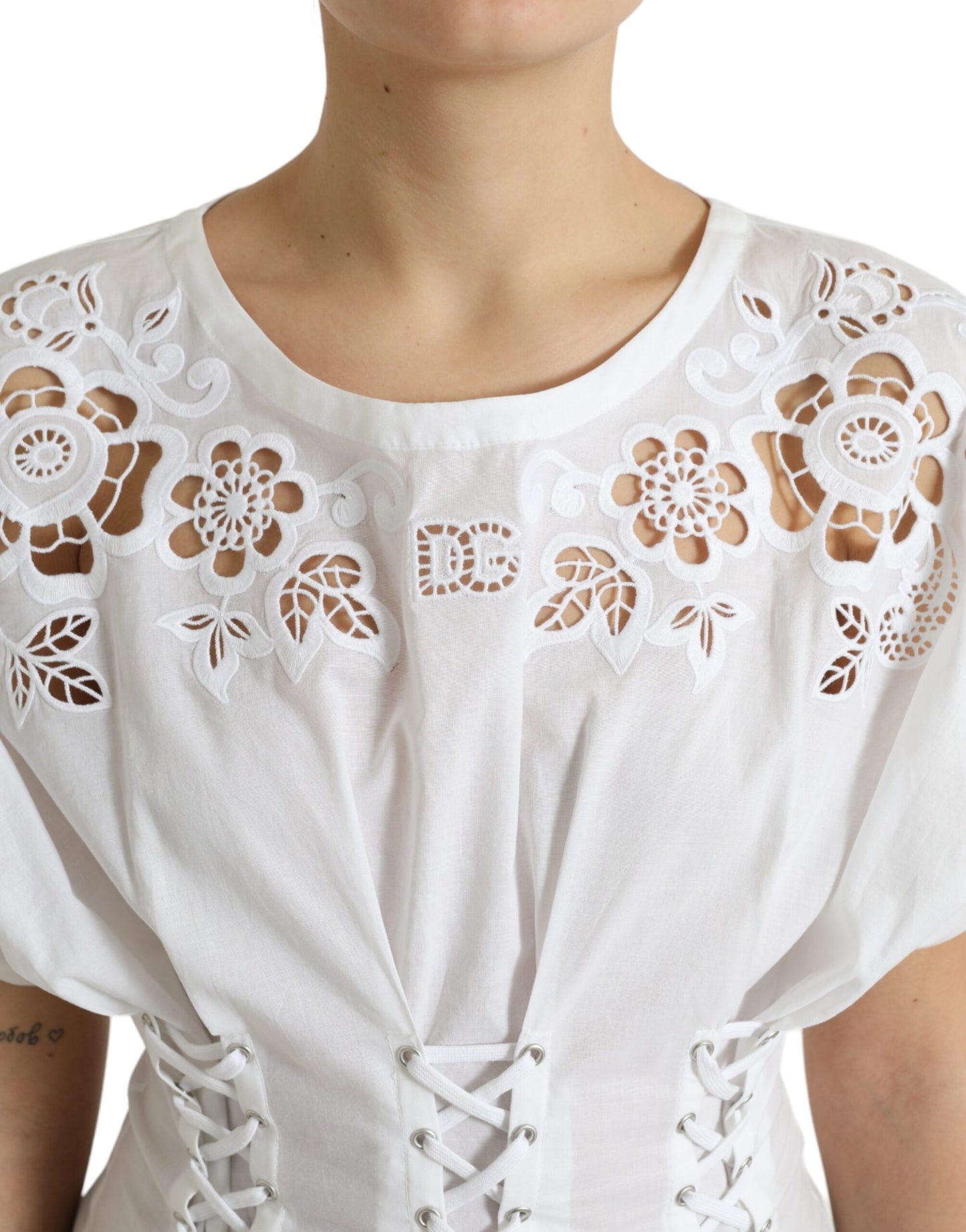 Dolce & Gabbana White Cotton Floral Cut Out Blouse Top