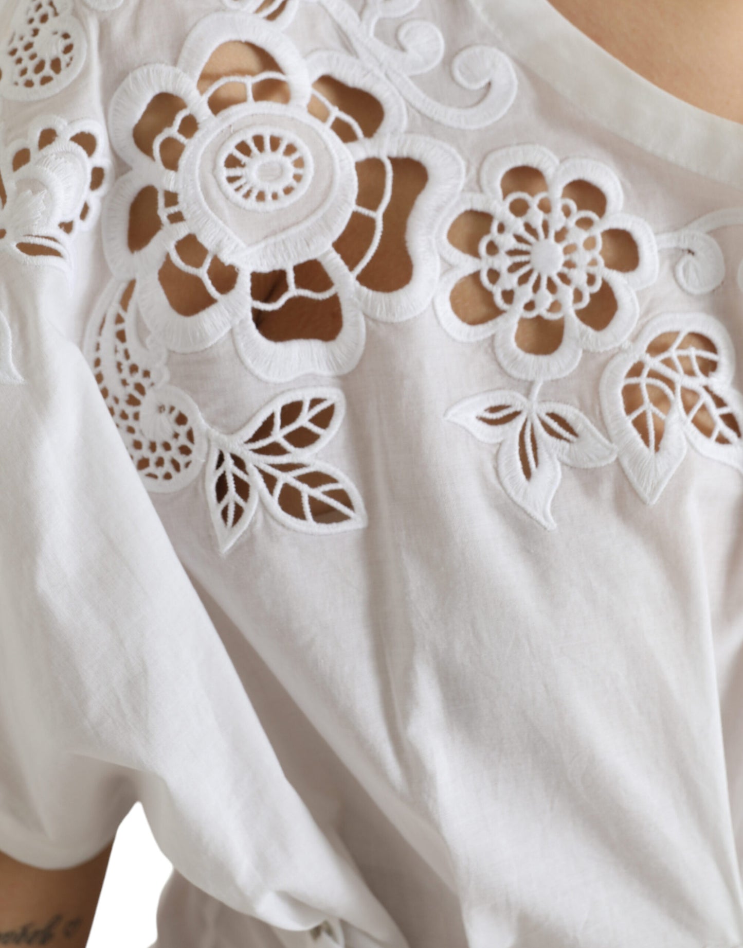 Dolce & Gabbana White Cotton Floral Cut Out Blouse Top