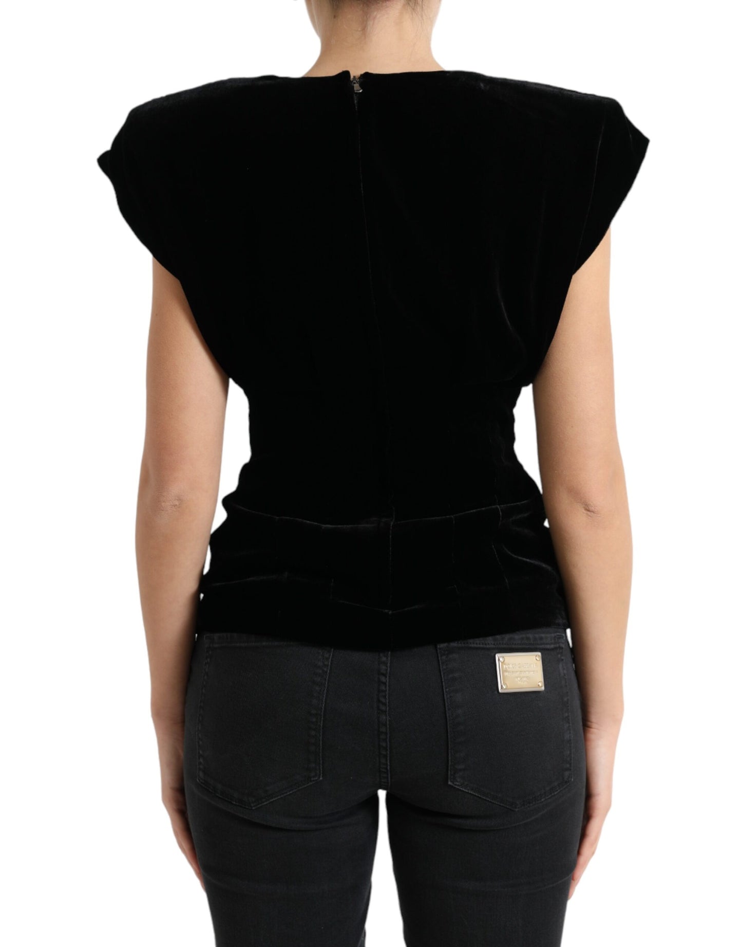 Dolce & Gabbana Black Velvet Fitted Padded Shoulder Blouse Top