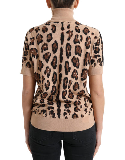 Dolce & Gabbana Beige Leopard Print Wool Turtleneck Top