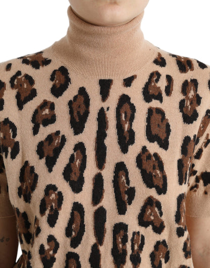 Dolce & Gabbana Beige Leopard Print Wool Turtleneck Top