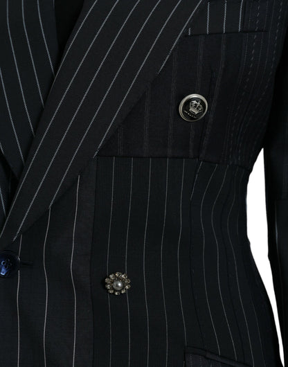 Dolce & Gabbana Black Striped Wool DoubleBreasted Coat Jacket