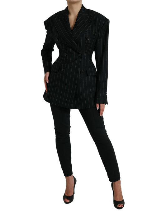 Dolce & Gabbana Black Striped Wool DoubleBreasted Coat Jacket