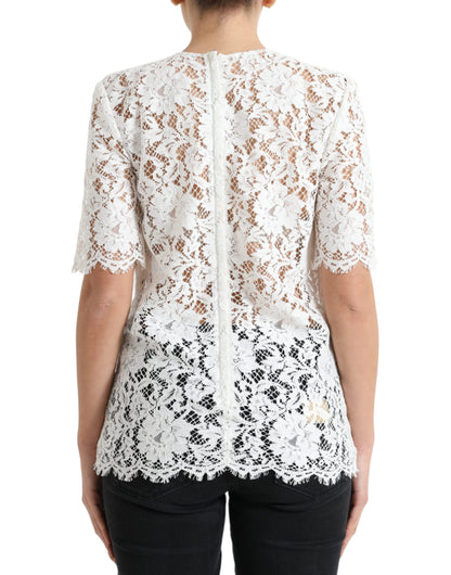 Dolce & Gabbana White Floral Lace Cotton Round Neck Blouse Top