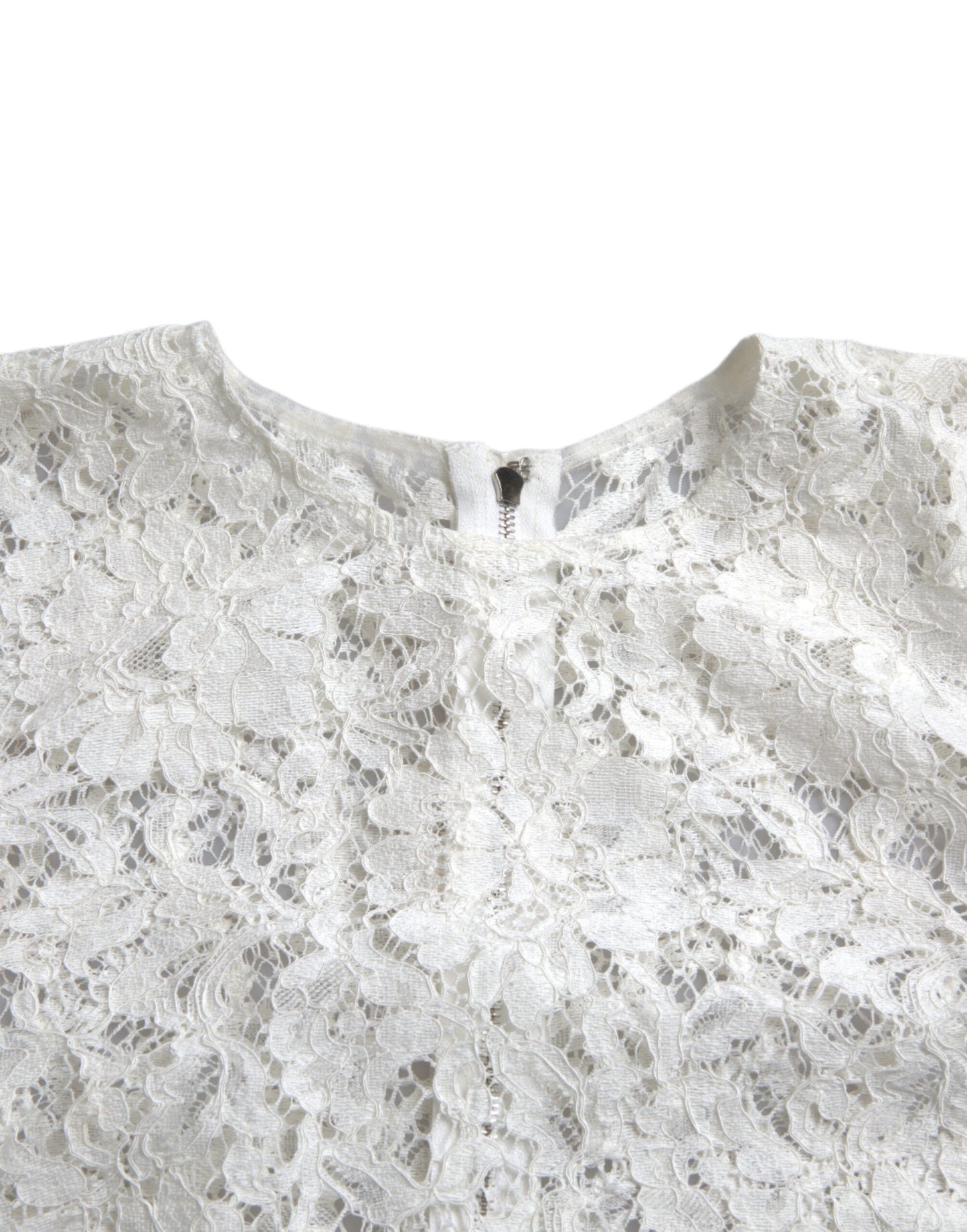 Dolce & Gabbana White Floral Lace Cotton Round Neck Blouse Top