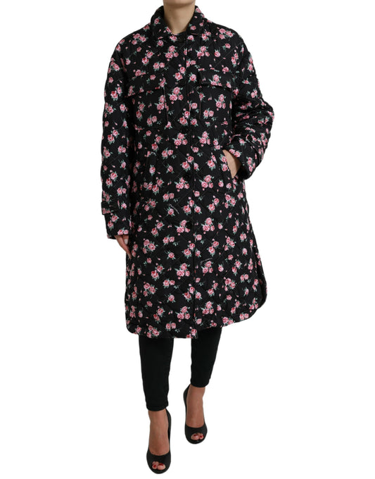 Dolce & Gabbana Black Floral Collared Trench Coat Jacket