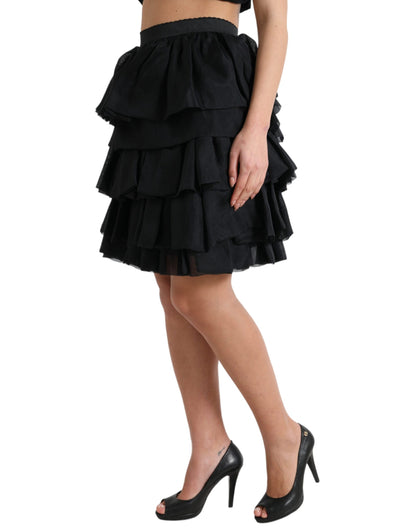 Dolce & Gabbana Black Tiered Aline High Waist Silk Mini Skirt