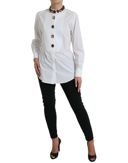 Dolce & Gabbana White Cotton Crystals Embellished Shirt Top