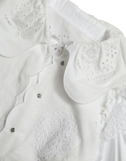 Dolce & Gabbana White Cotton Lace Trim Collared Blouse Top