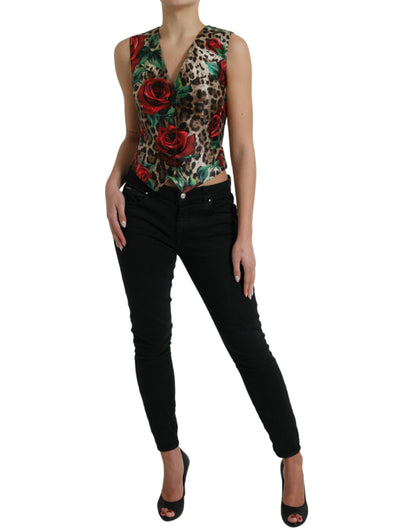 Dolce & Gabbana Brown Leopard Rose Silk Waistcoat Vest Top