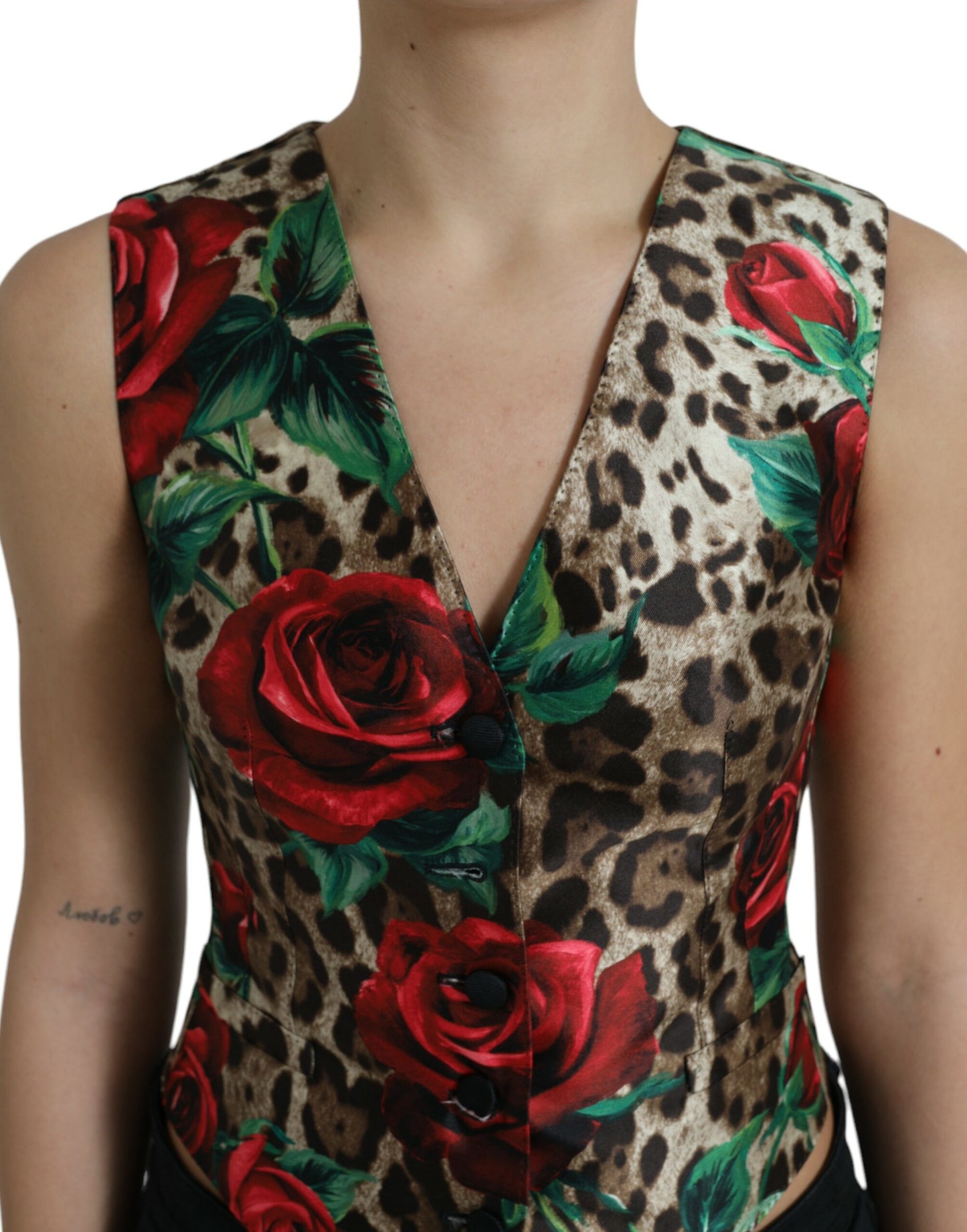 Dolce & Gabbana Brown Leopard Rose Silk Waistcoat Vest Top