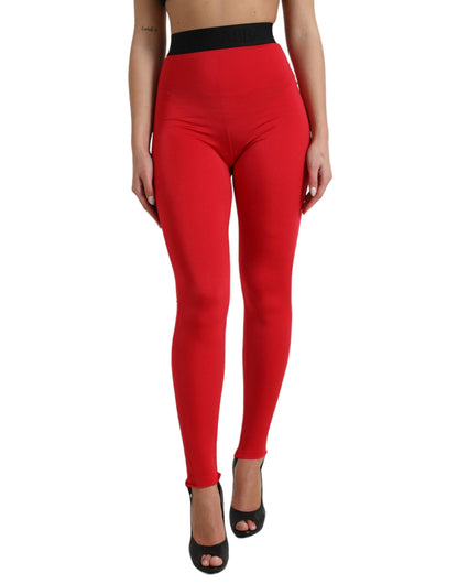 Dolce & Gabbana Red Nylon DG Logo Slim Leggings Pants