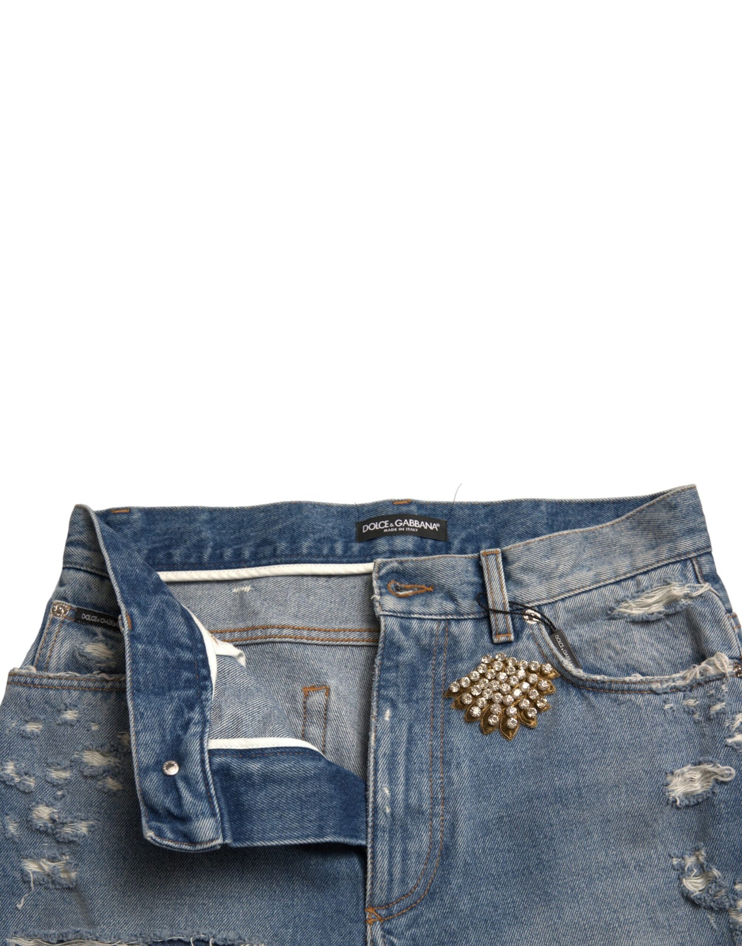 Dolce & Gabbana Blue Tattered Embellished Bermuda Shorts