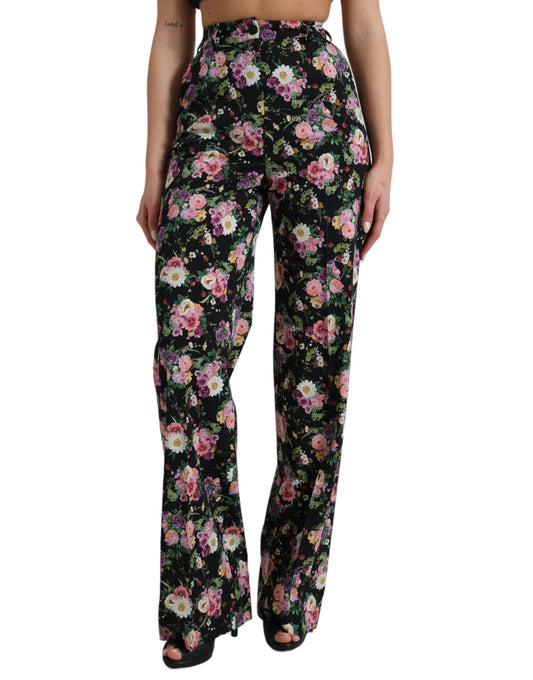 Dolce & Gabbana Black Floral Wool High Waist Wide Leg Pants