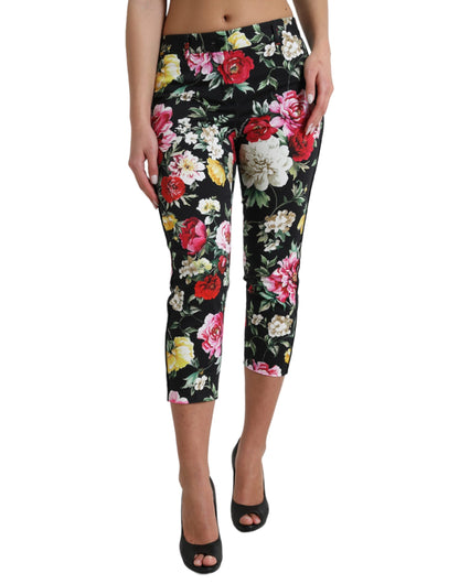 Dolce & Gabbana Black Floral Print Mid Waist Cropped Pants