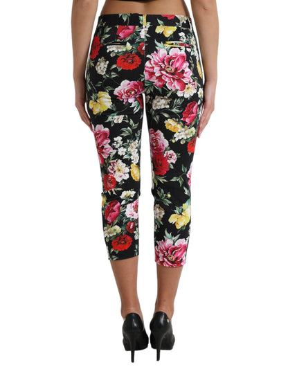 Dolce & Gabbana Black Floral Print Mid Waist Cropped Pants